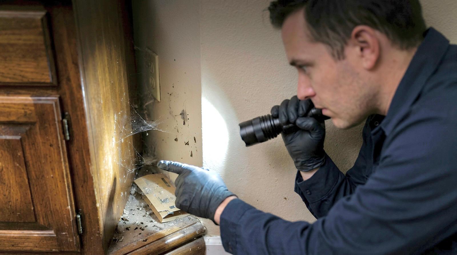 Technician inspecting a surface during a pest inspection